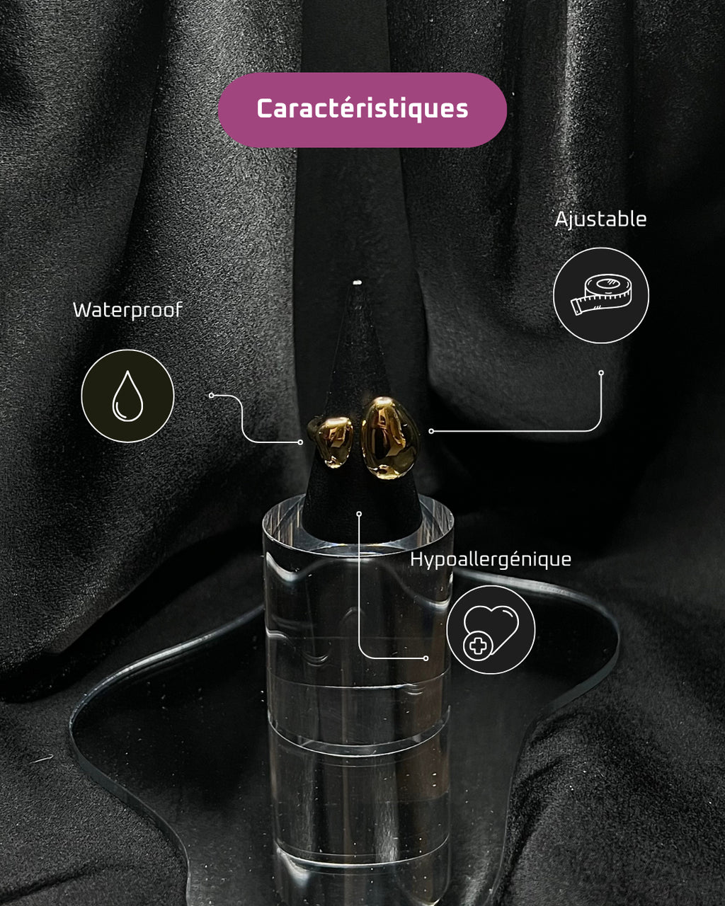 Bague épaisse en acier inoxydable plaqué or 18 carats - Precious drops ring - Bijoux ajustables waterproof et hypoallergéniques | Mindfits