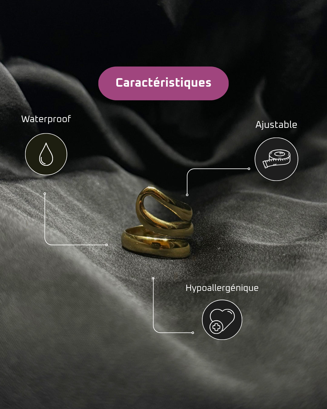 Faith - Bague ajustable en acier inoxydable plaqué or 18k résistant à l'eau et hypoallergénique | Mindfits