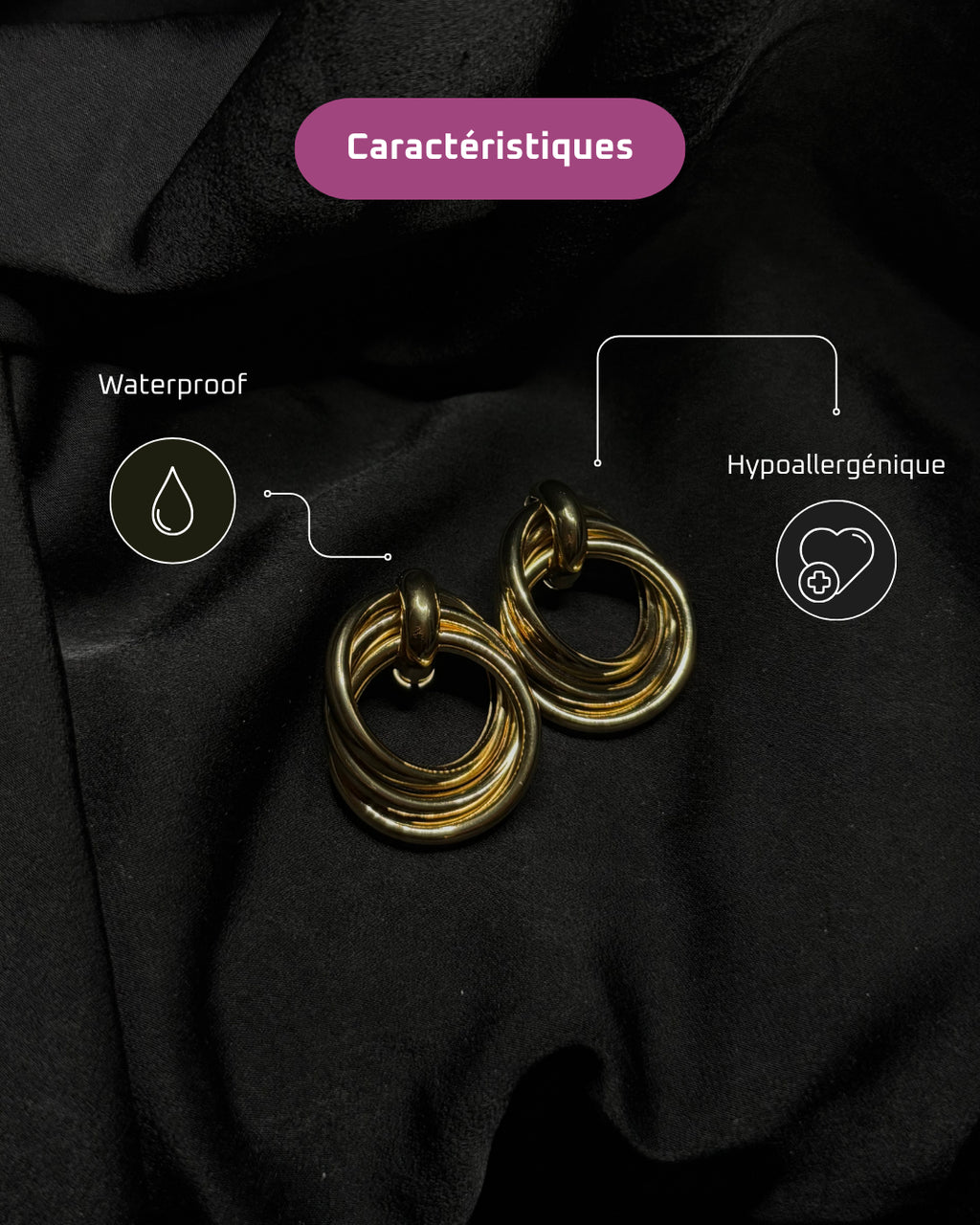 Boucles d'oreilles dorées pendantes en acier inoxydable plaqué or 18 carats - Vortex Earrings - Bijoux waterproof et hypoallergéniques | Mindfits