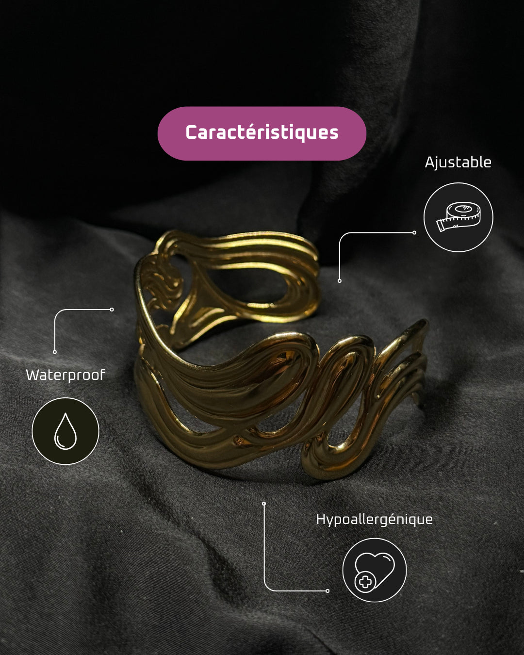 Bracelet épais ajouré doré en acier inoxydable plaqué or 18 carats - Carved cuff - Bijoux ajustables waterproof et hypoallergéniques | Mindfits