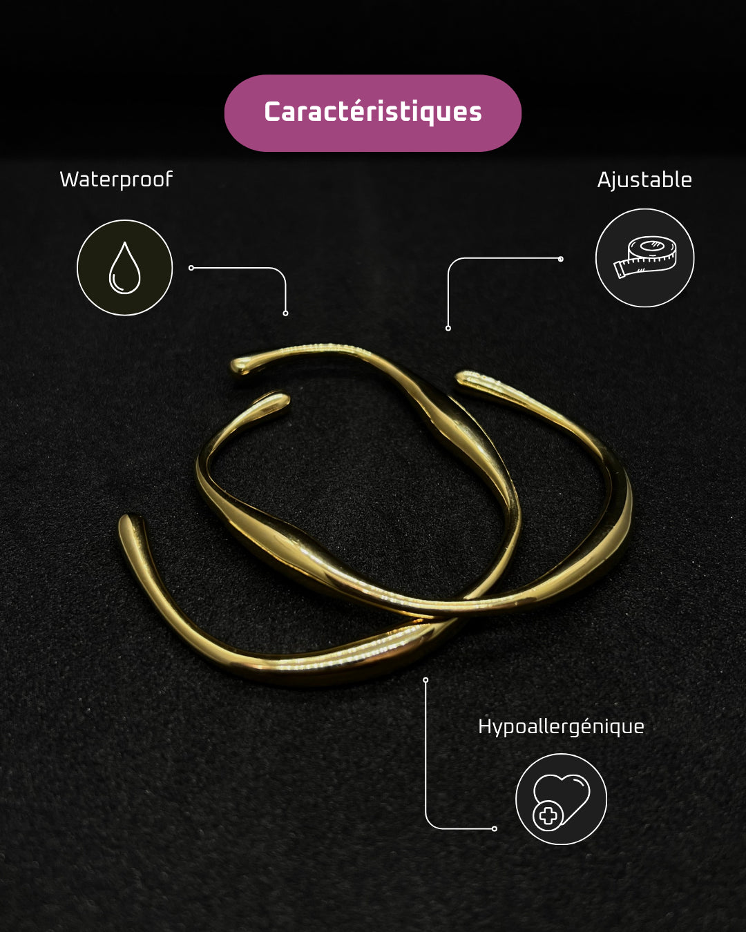 Bracelet fin organique en acier inoxydable plaqué or 18 carats - Organic bangle - Bijoux ajustables waterproof et hypoallergéniques | Mindfits